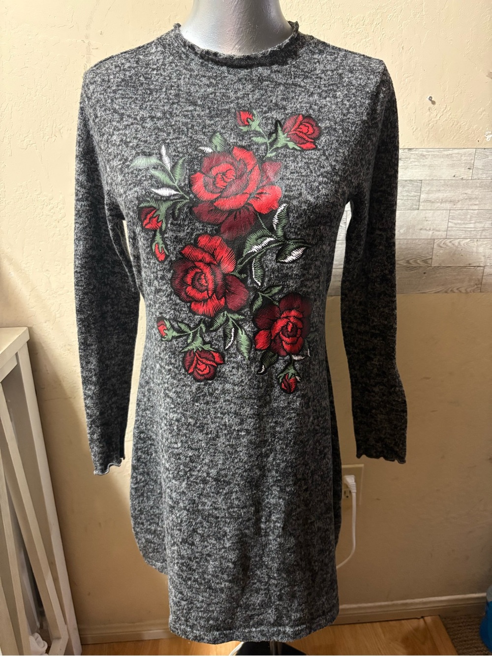 Ultra Flirt Charcoal Gray Long-Sleeve Dress with Red Rose Embroidery